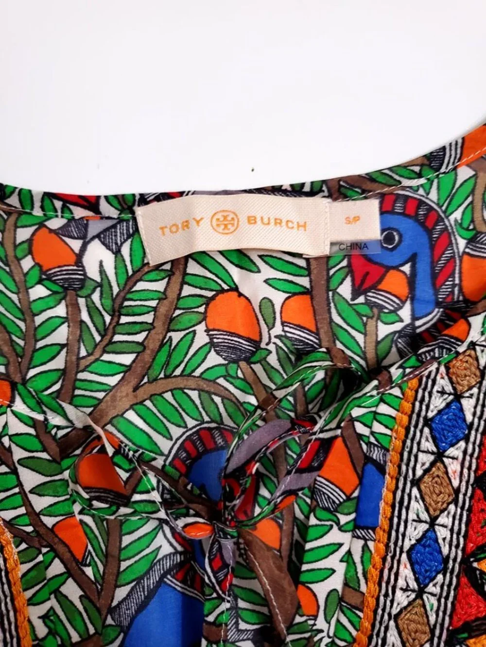 Tory Burch Cotton Silk Embroidered Tunic Mini Dress CoverUp S Short Sleeve Bird